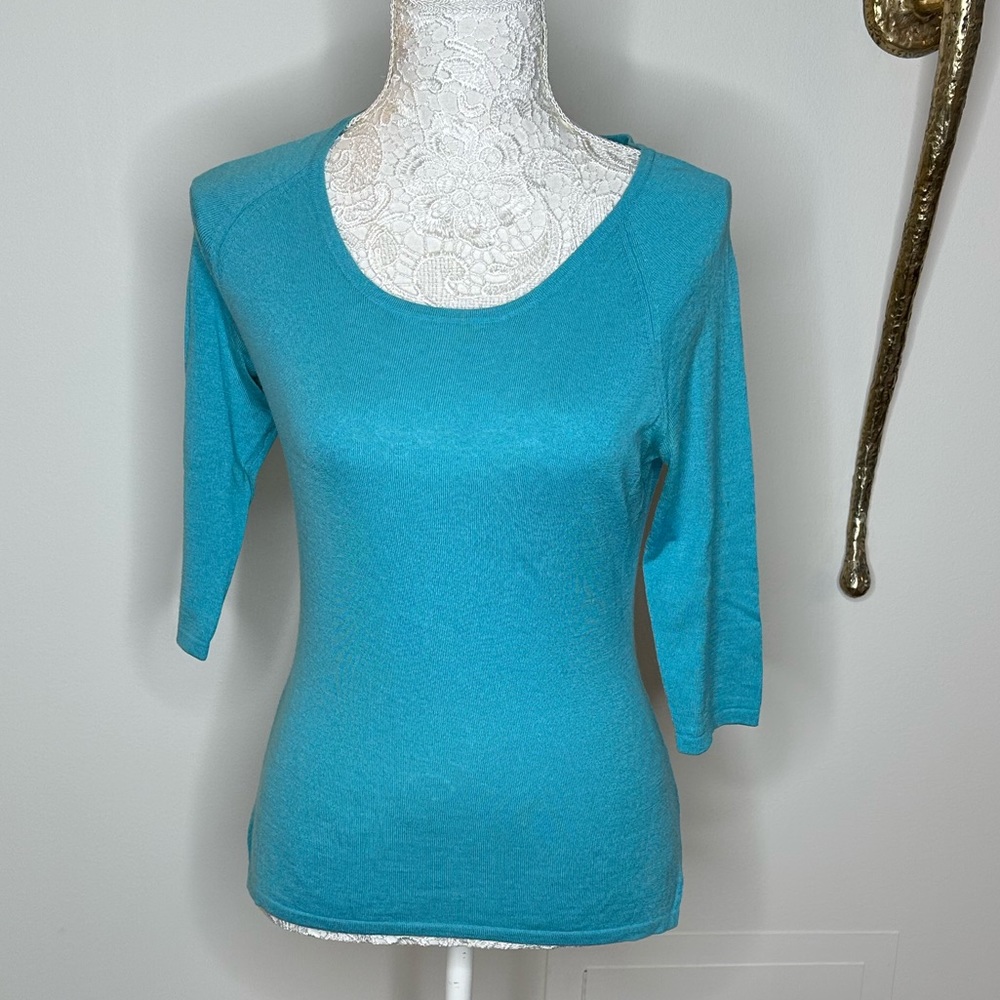 Saks Fifth Ave Silk/Cashmere 3/4 Length Sleeve Teal Top Sz. M